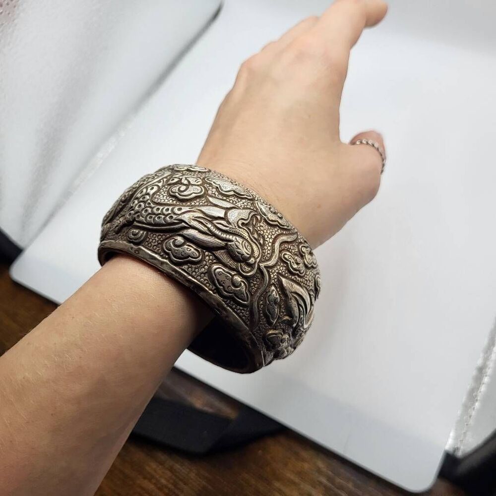 Antique Sterling Silver Chunky Tibetan Dragon Bangle Bracelet